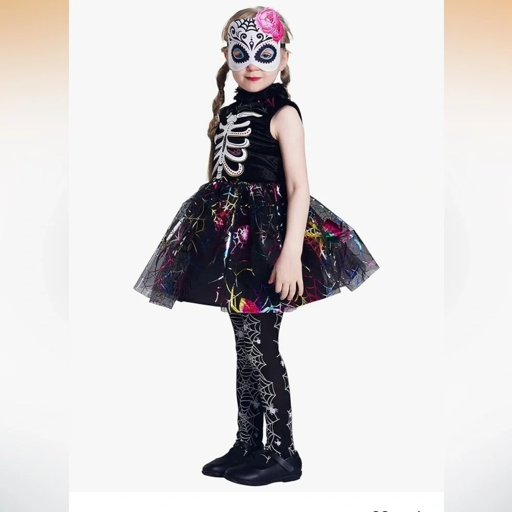 NWT Colorful Skeleton Girls Costume 8-10 yrs dress socks and felt mask